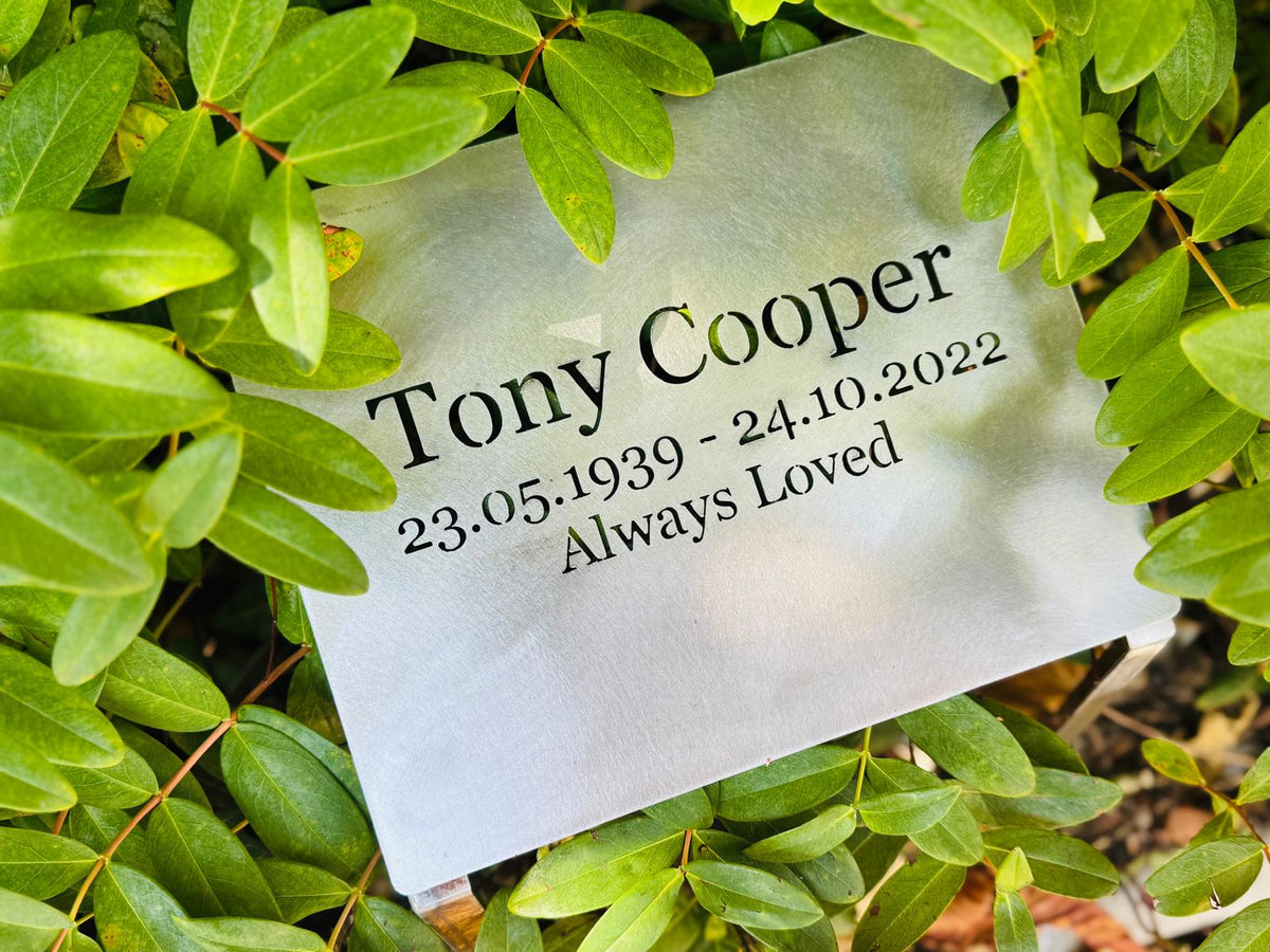 Corten Steel angled Memorial Sign Grave Marker Plaque with ground stakes 200 x 250mm bespoke sizes