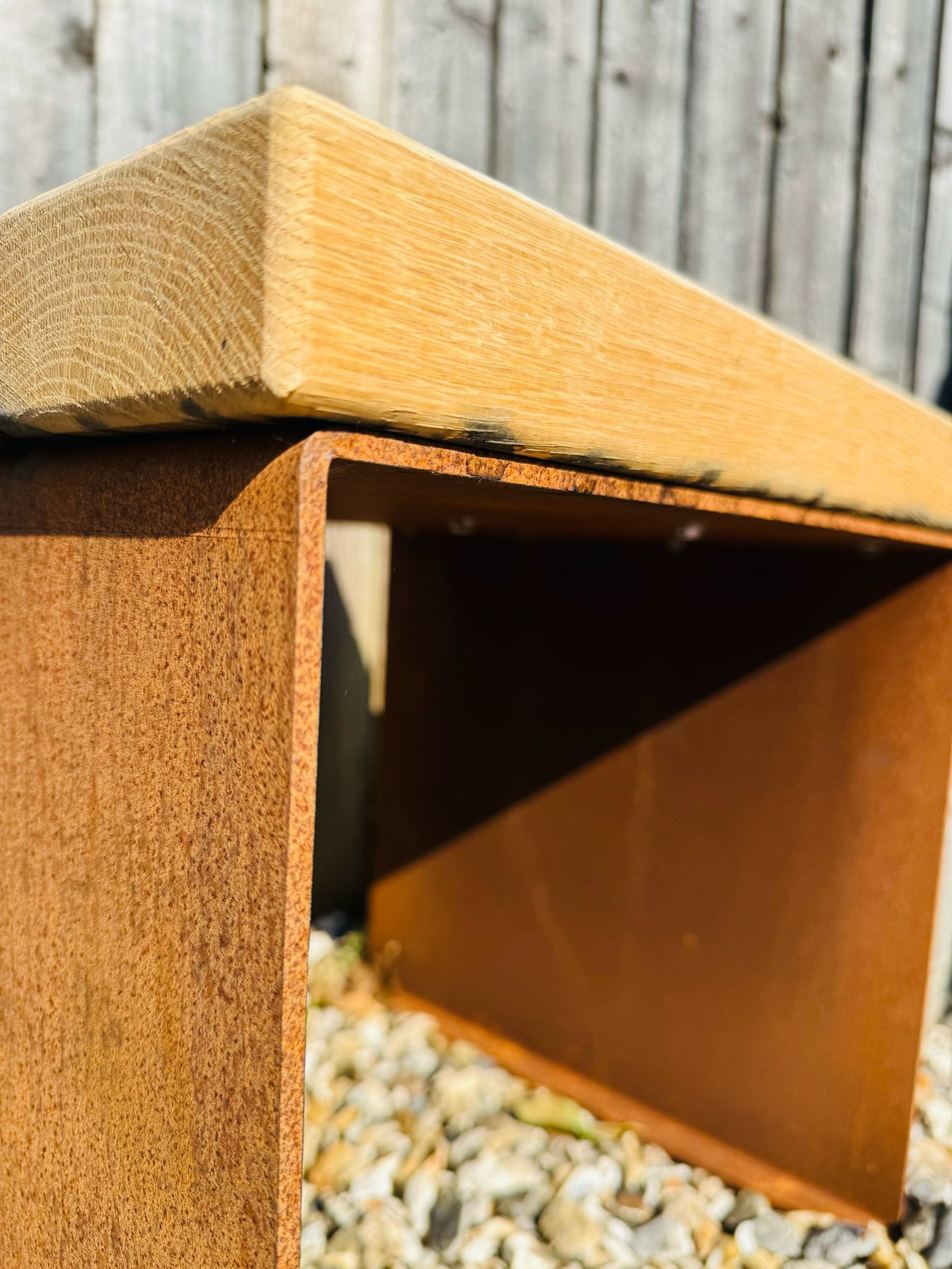 Corten Steel cube garden stools chairs with Oak slats