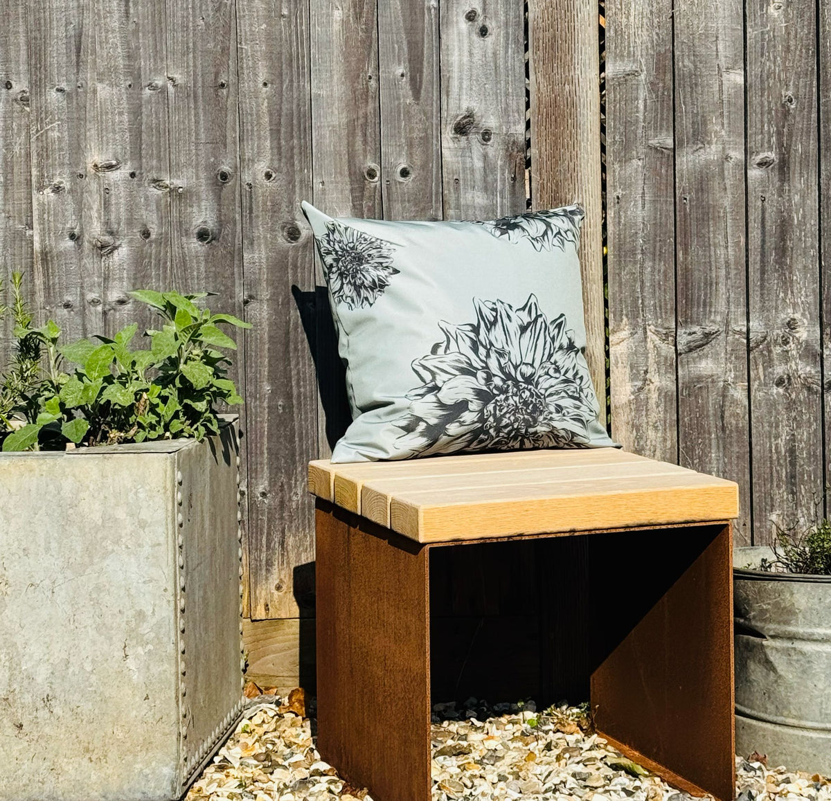 Corten Steel cube garden stools chairs with Oak slats