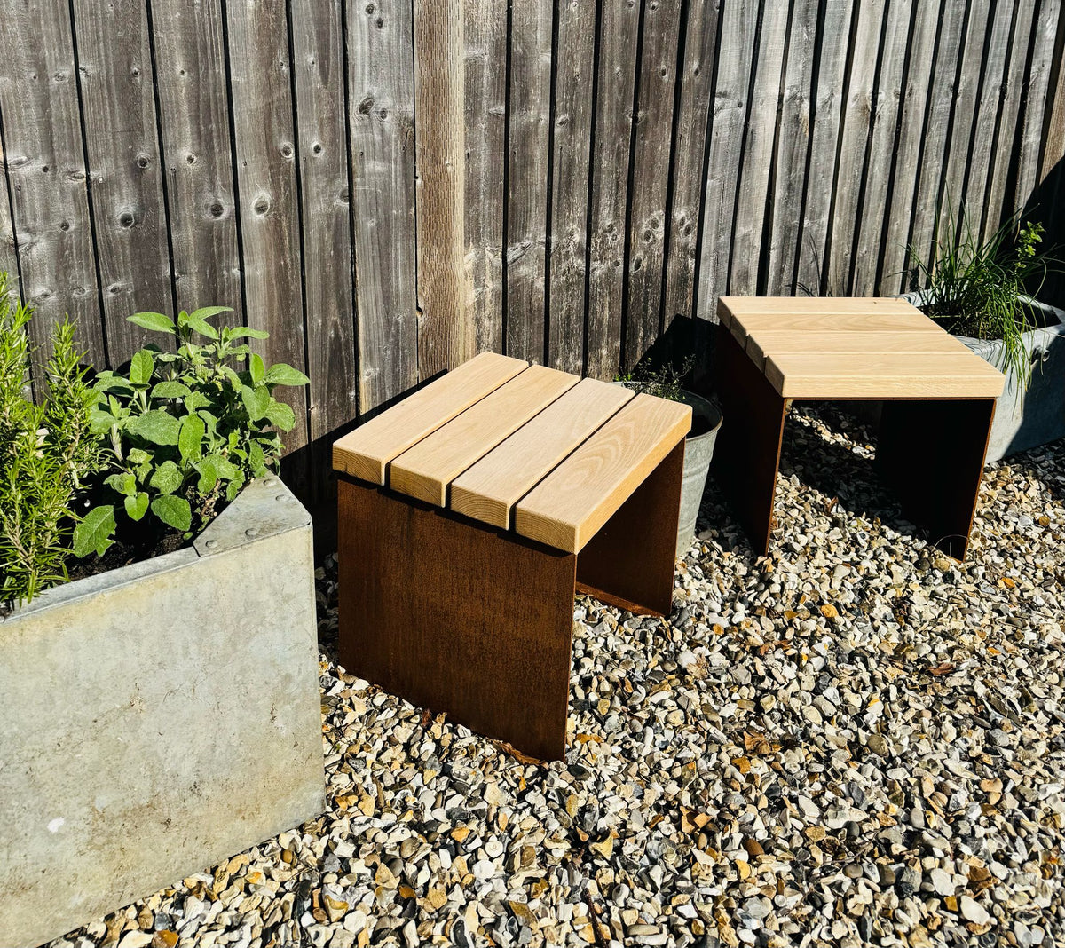 Corten Steel cube garden stools chairs with Oak slats