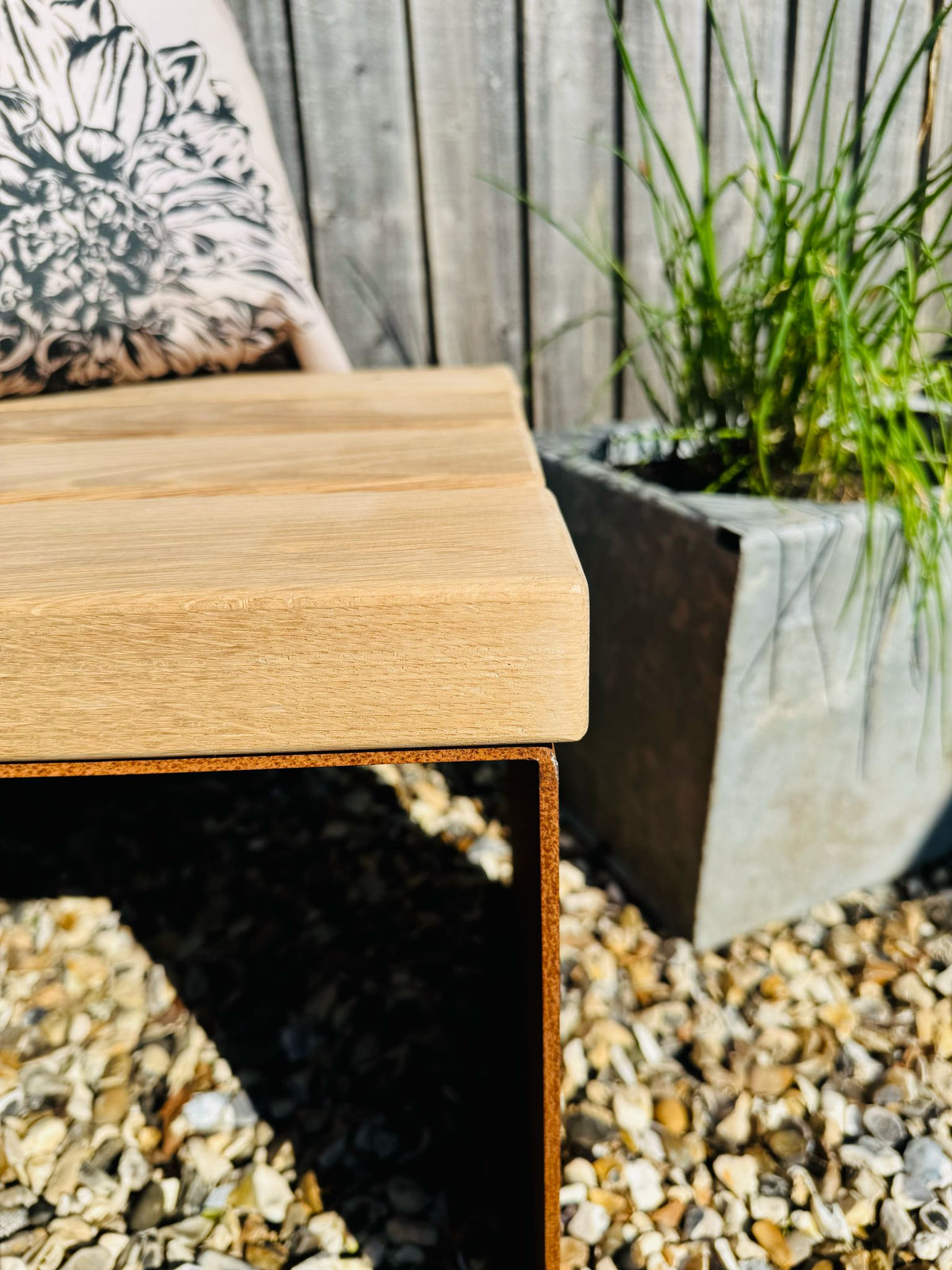 Corten Steel cube garden stools chairs with Oak slats