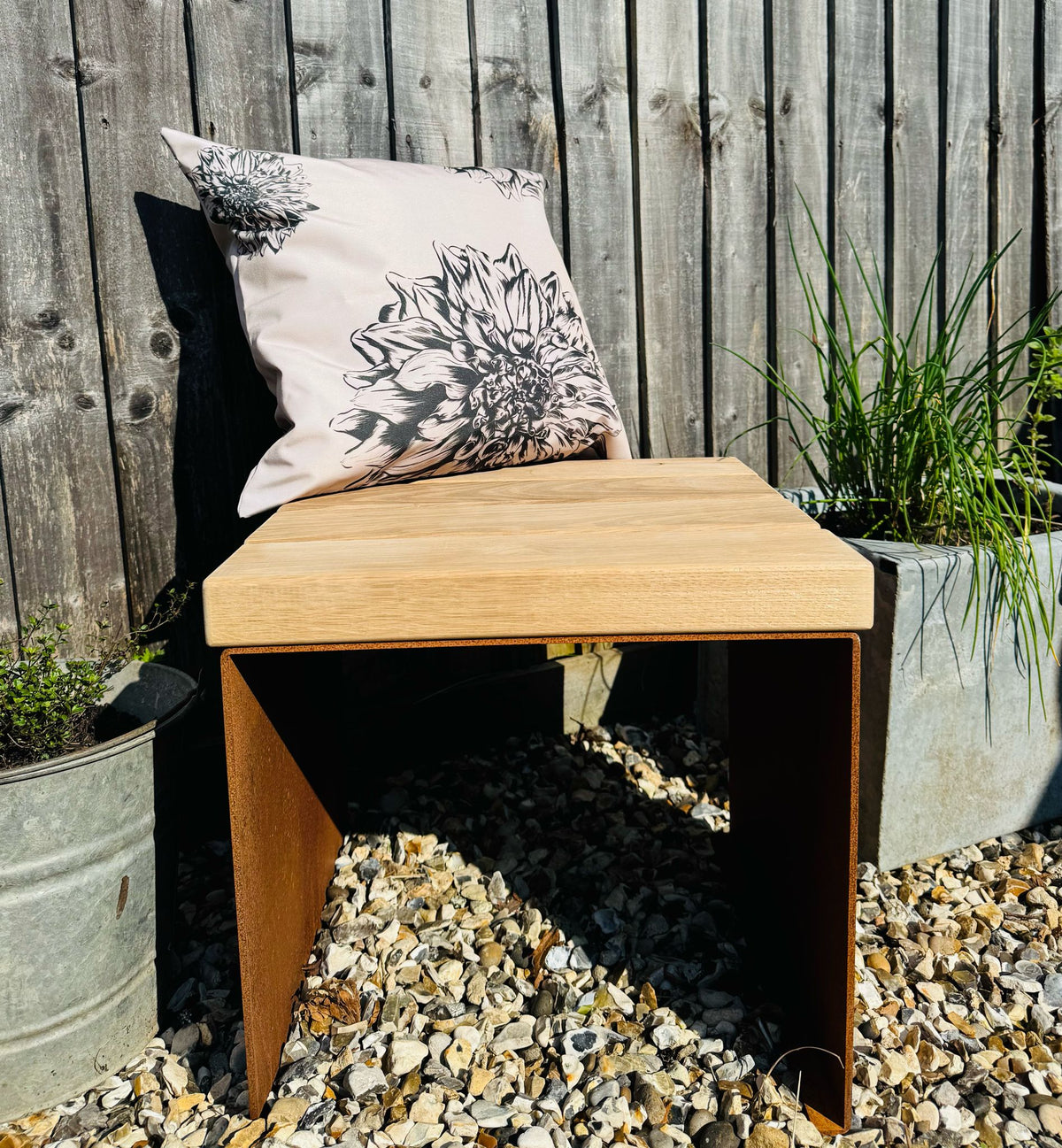 Corten Steel cube garden stools chairs with Oak slats